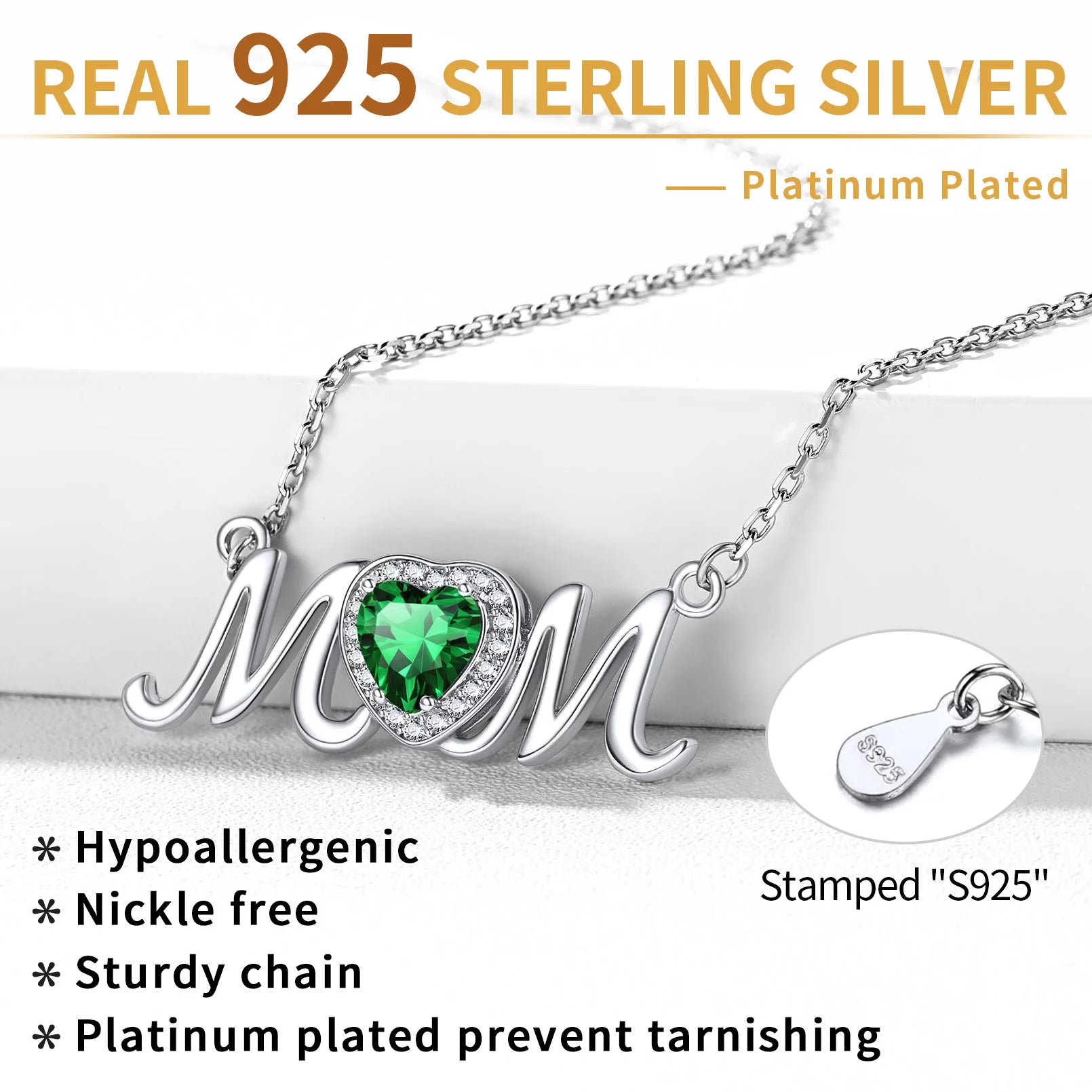 Mom Necklace for Women 925 Sterling Silver Heart Birthstone Jewelry Mothers Day Birthday Christmas Gift from Daughter Son - May