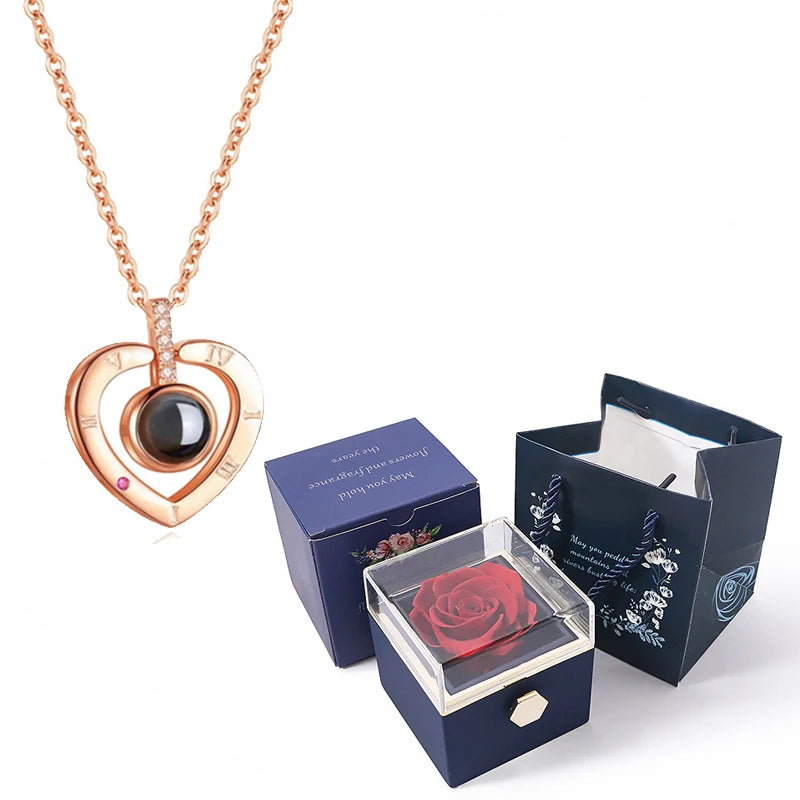 100 Languages I Love You Projection Necklace with Rotating Rose Gift Box 2023 New Creativity Design Romantic Luxury Jewelry Set