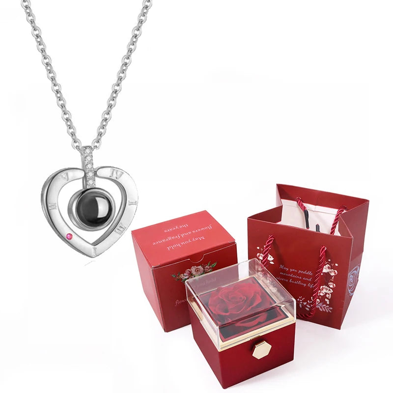 100 Languages I Love You Projection Necklace with Rotating Rose Gift Box 2023 New Creativity Design Romantic Luxury Jewelry Set