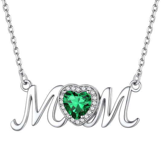 Mom Necklace for Women 925 Sterling Silver Heart Birthstone Jewelry Mothers Day Birthday Christmas Gift from Daughter Son - May